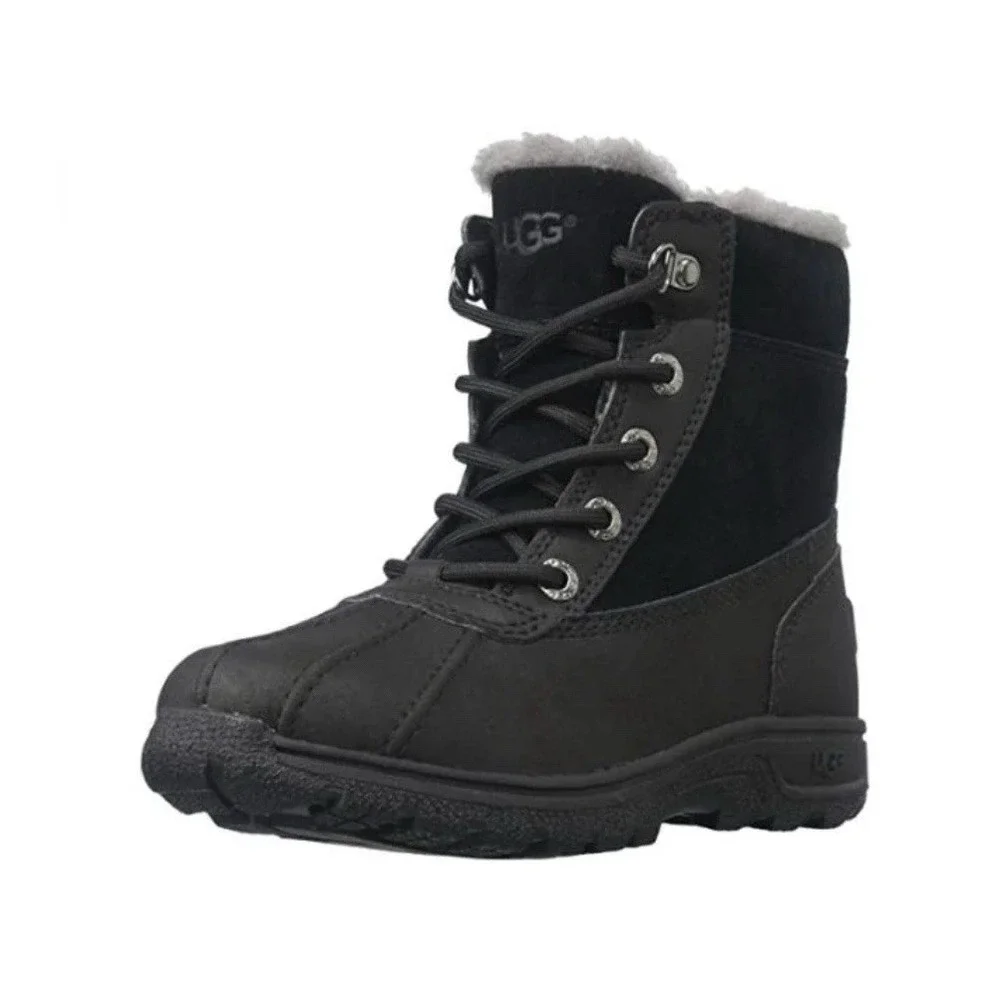 UGG Kids Leggero Lace-Up Snow Rain Boot Sz-12 Black & Grey Zip Up‎ Fur Lined